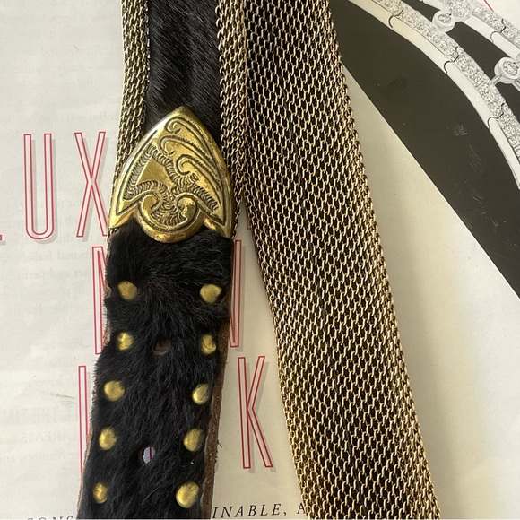 Vintage USMECO Paris Designer Black Calf Hair Gold Mesh Belt Glam Ornate Belt - Picture 6 of 10